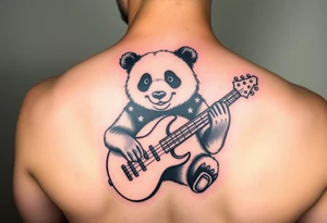 Bass guitar playing panda bear with septum ring tattoo idea