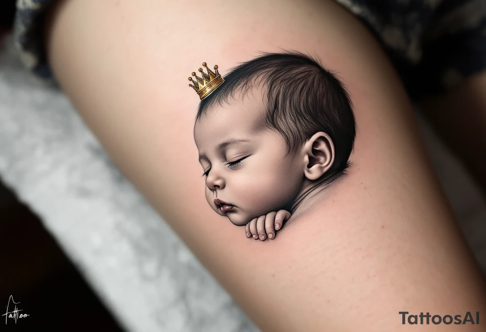Profile portrait of a baby girl’s sleeping face with a tiny gold crown, shaded in grayscale with realistic detail. tattoo idea