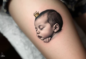 Profile portrait of a baby girl’s sleeping face with a tiny gold crown, shaded in grayscale with realistic detail. tattoo idea