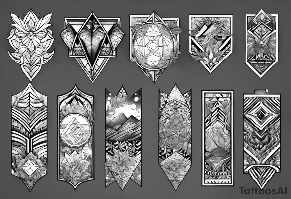 full sleeve tattoos for men with sacred geometry mixed tropical theme going from left chest to left hand. tattoo idea