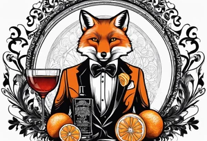 Fox with Negroni in short lowball cocktail glass with ice and orange peel tattoo idea