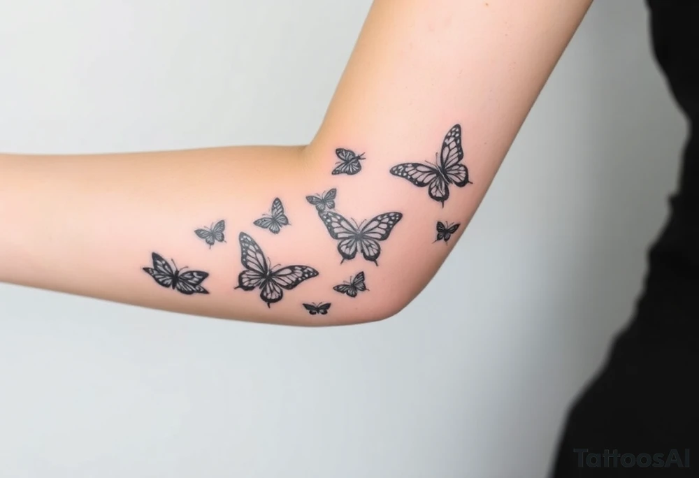 Six different butterflies streaming down arm with six kids names Aden, Aninna, Novaih, Rayla, Jayla, Teresa tattoo idea
