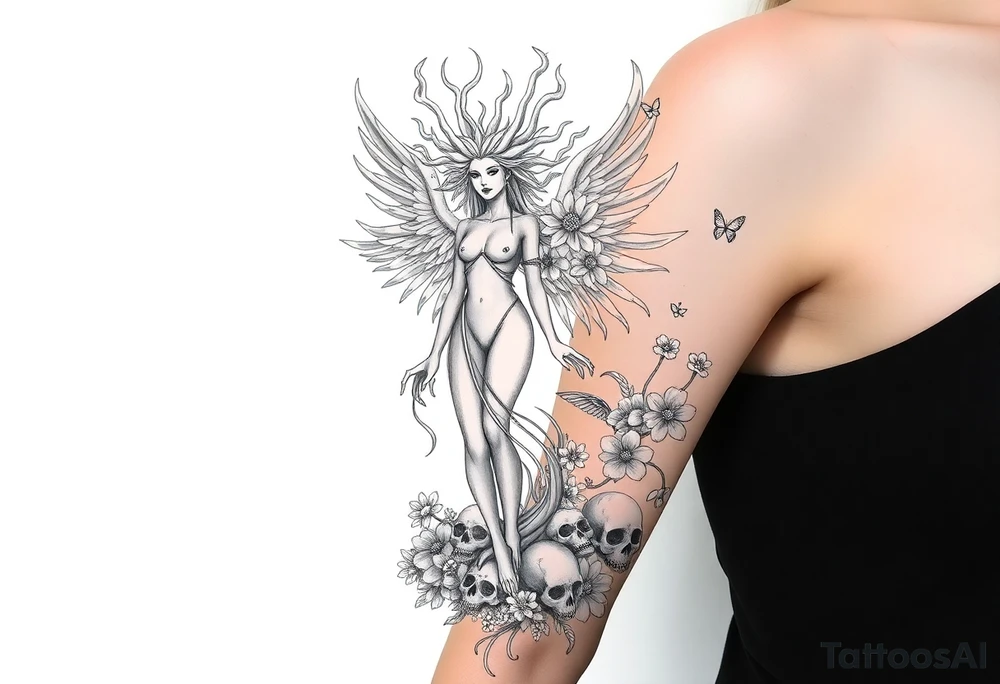Ethereal Medusa standing. She is beautiful and feminine. She is a phoenix rising from fire and ash. Surrounded by flowers and standing around skulls. Incorporate the phoenix and fire into the Medusa tattoo idea