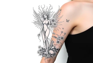 Ethereal Medusa standing. She is beautiful and feminine. She is a phoenix rising from fire and ash. Surrounded by flowers and standing around skulls. Incorporate the phoenix and fire into the Medusa tattoo idea