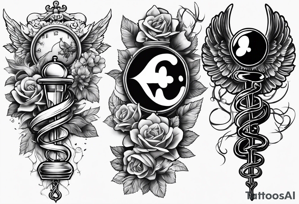 Tattoo full left arm with a collage of a medicine caduceus and a mickey mouse silhouette tattoo idea