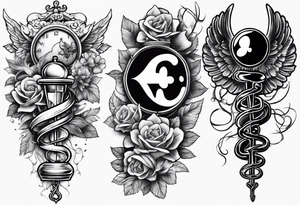 Tattoo full left arm with a collage of  a medicine caduceus and a mickey mouse silhouette tattoo idea