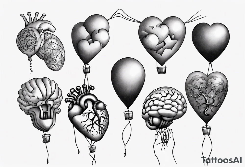 Woman's hand holding balloons tied to string, balloons in shape of anatomical heart and an anatomical brain tattoo idea