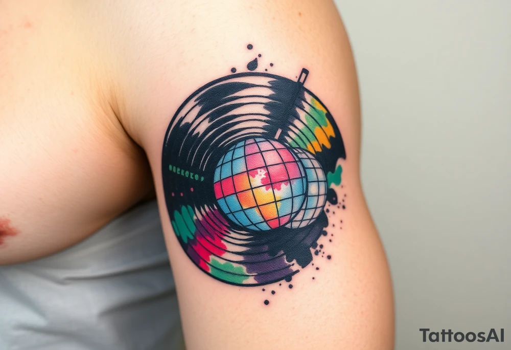 vinyl record with a smaller disco ball to the side of it tattoo idea