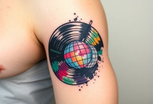 vinyl record with a smaller disco ball to the side of it tattoo idea