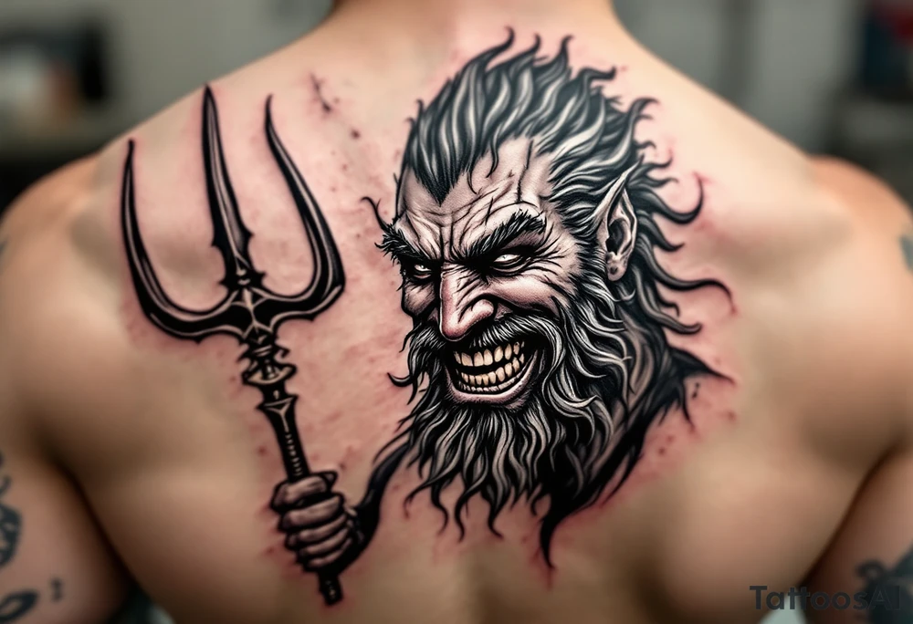 laughing poseidon, behind a trident, looking at his nose tattoo idea