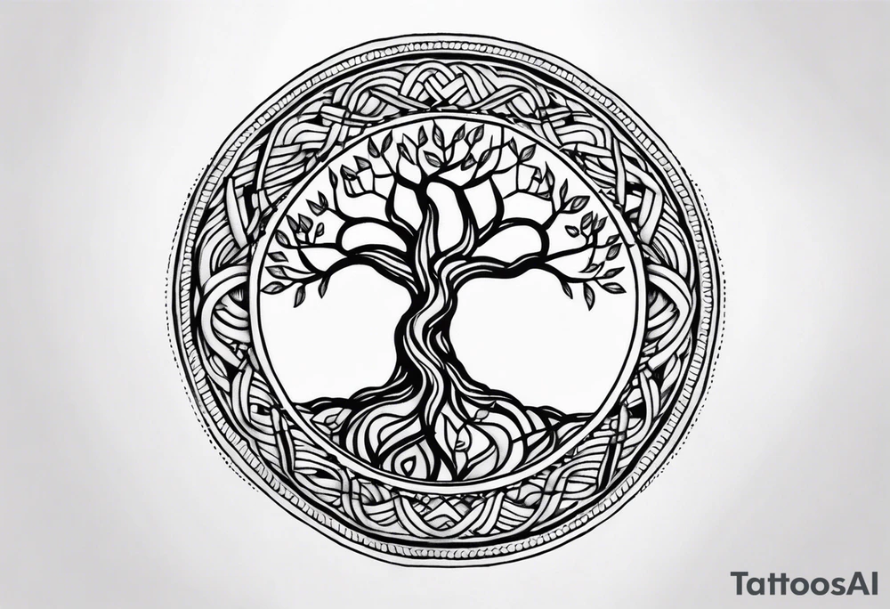 Braided rope wrist tattoo with tree of life in the center with bead work dangling on the hand tattoo idea