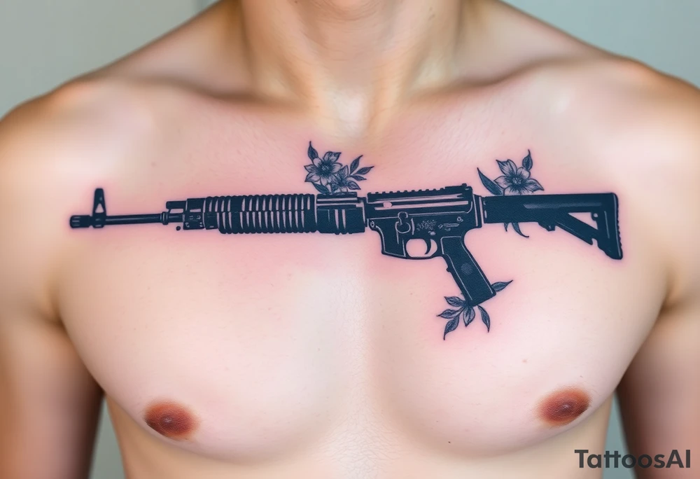 ak 47 black silhouette with floreal details tattoo idea
