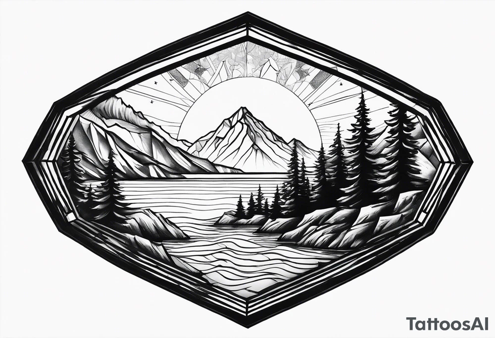a diamond shaped window with waves crashing on a mountain and tress. 3 stars are in the sky tattoo idea