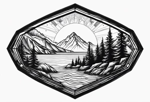 a diamond shaped window with waves crashing on a mountain and tress. 3 stars are in the sky tattoo idea