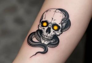 A snake coiled around a white skull, eyes glowing yellow, with "memento mori" beneath in crumbling black ink. tattoo idea