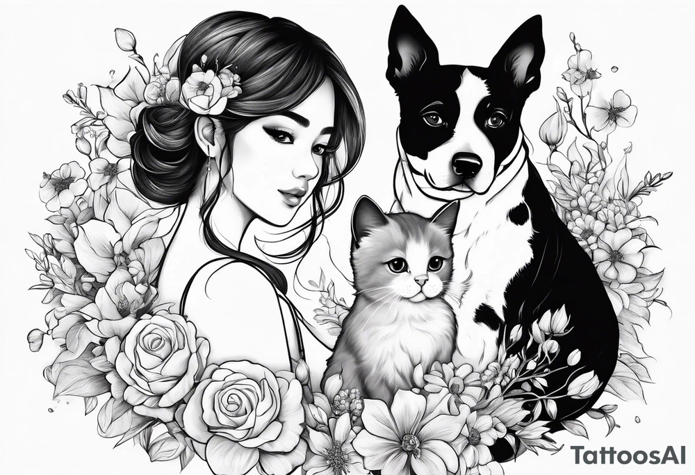 cute girl with baby's breath flower with a dog and a cat and eat beefsteak tattoo idea