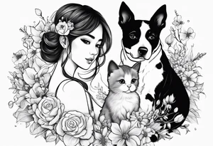 cute girl with baby's breath flower with a dog and a cat and eat beefsteak tattoo idea