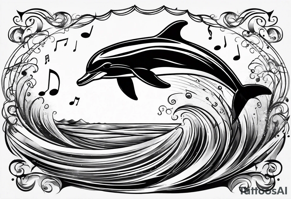 dolphin jumping out of water into music notes tattoo idea