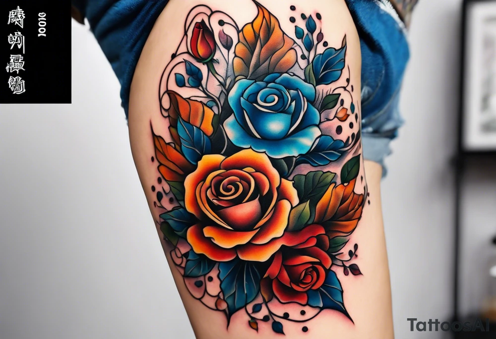 Front knee tattoo with fall colors, small flowers, rose, leaves, blue water flows with washes and background tattoo idea