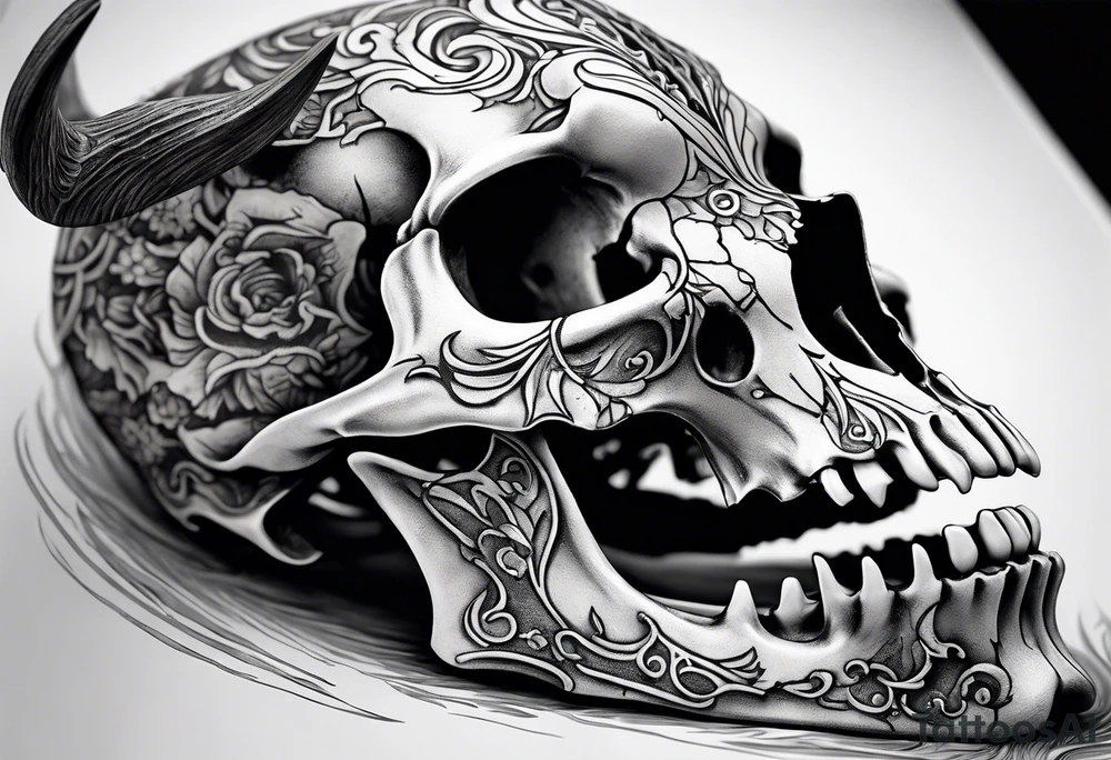A side view of a decayed deer skull with no skin JUST BONE surrounded by fire in background tattoo idea