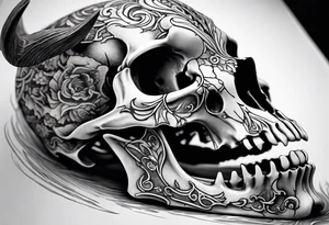 A side view of a decayed deer skull with no skin JUST BONE surrounded by fire in background tattoo idea