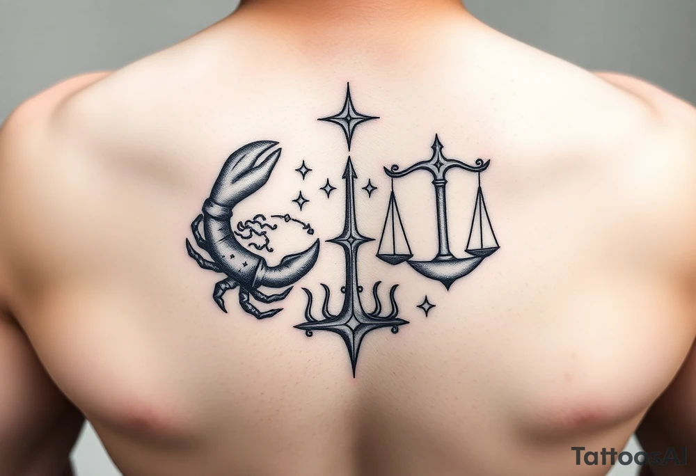 Cancer and libra zodiac signs intertwined elegant stars tattoo idea