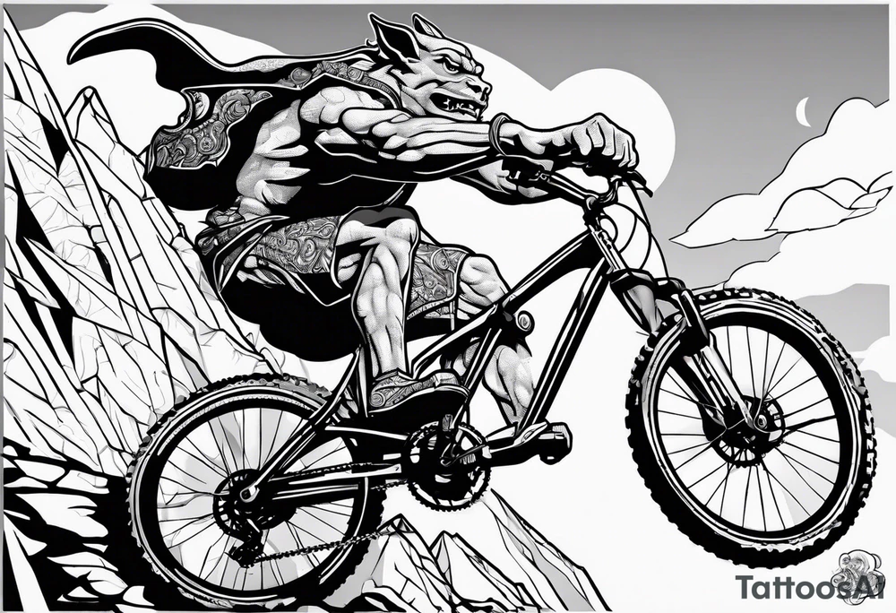 gargoyle riding a full suspension mountain bike with a shadow no background tattoo idea