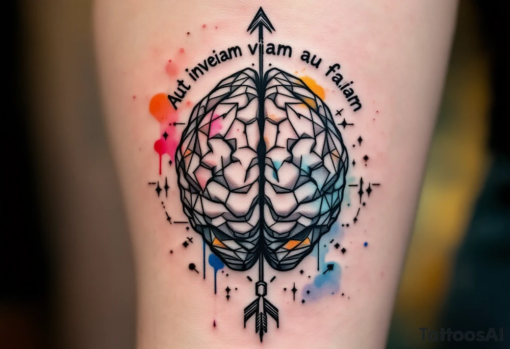 A front-seen brain in geometric and straight lines, with few watercolor details but mostly black, symbols representing intelligence arround, the phrase "Aut inveniam viam aut faciam" and a detailed arrow crossing from above with watercolors leaking from its tip tattoo idea