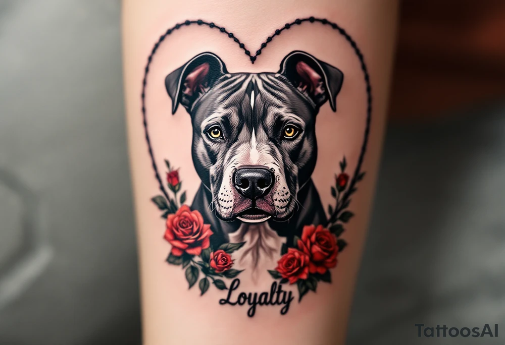 Pitbull in a heart-shaped frame, classic black and gray portrait with red roses and script reading “Loyalty” underneath. tattoo idea