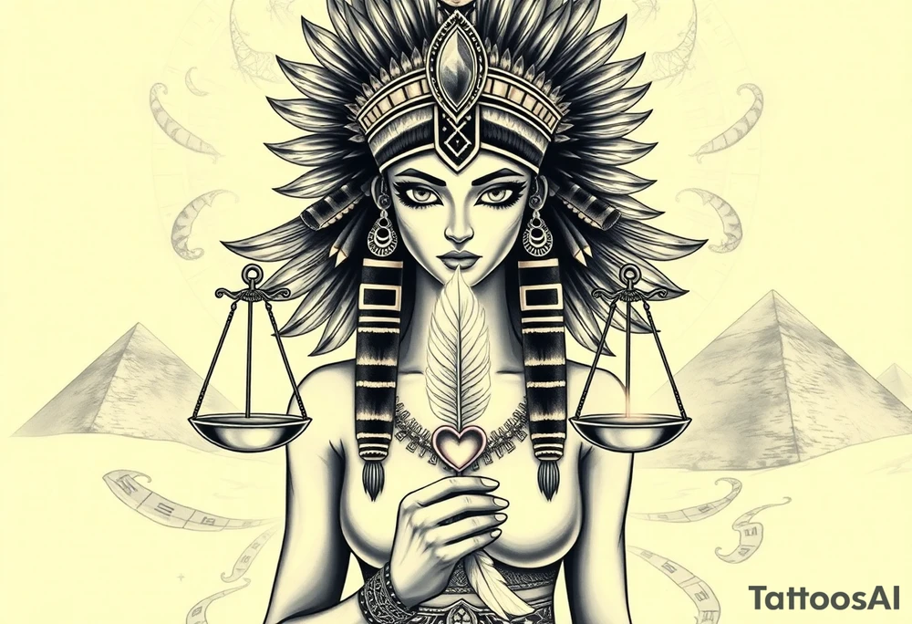 Beautiful Egyptian goddess woman, depicted as a regal woman with an ostrich feather headdress, intense glowing eyes, and intricate ancient Egyptian jewelry. She stands or floats amidst swirling cosmic energy and beams of light, with subtle hieroglyphics and pyramids in the background. Incorporate the Scales of Justice—one side holding a heart, the other Ma’at’s feather—glowing with ethereal energy. Emphasize dramatic lighting, deep shadows, and surreal, mystical atmosphere to match a sleeve with Anubis and cosmic motifs. Design should flow with existing sleeve art, using soft transitions and layered textures. tattoo idea