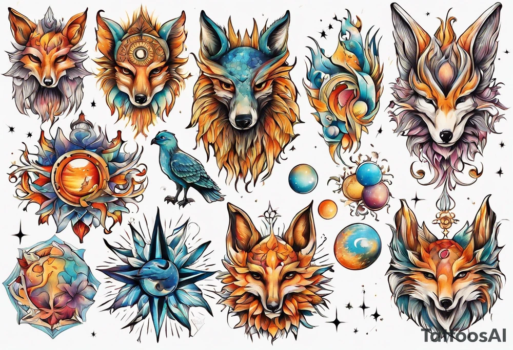 fisch, fuchs und eule , symetrie  sonne, universum, bunt, " sapere aude" tattoo idea