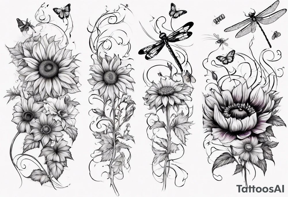 Arm sleeve, sunflowers, dragonflies, three cosmos flower, one violet, one carnation, vines , leaves, butterflies and bees tattoo idea