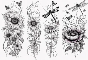 Arm sleeve, sunflowers, dragonflies, three cosmos flower, one violet, one carnation, vines , leaves, butterflies and bees tattoo idea