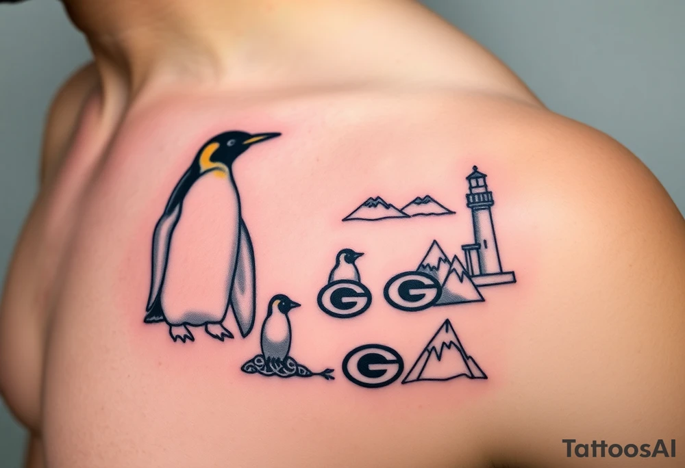compilation outlining important things in my life such as one adult emperor penguin and 3 baby penguins, celtic trinity knot, lighthouse, mountains/nature, the green bay packers, and something to represent my 3 boys tattoo idea