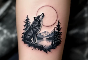 lone wolf howling at full moon with northern lights backdrop tattoo idea