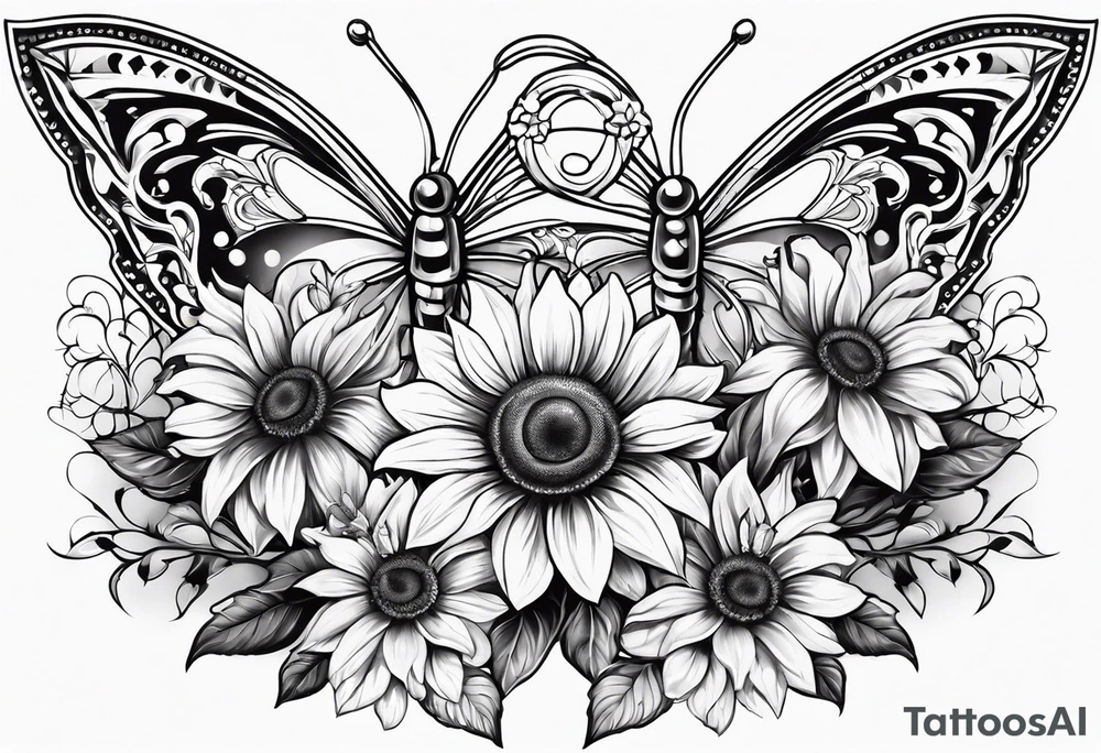 Winged cross with sunflower and butterflies tattoo idea