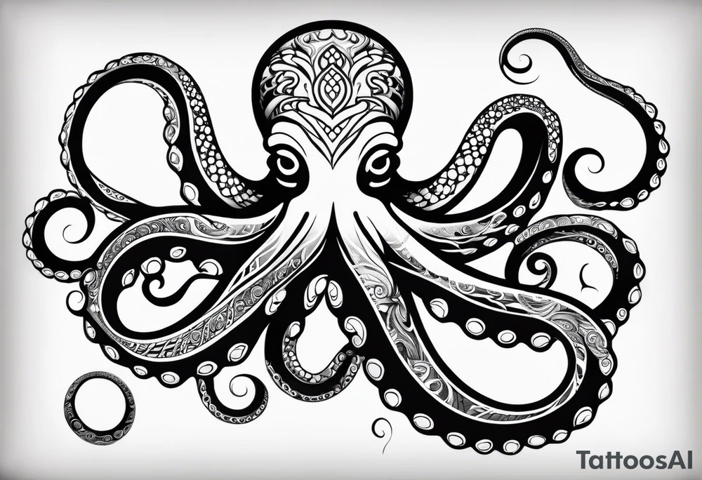 Hawaii tribal octopus with thick lines, less detail, and water waves tattoo idea