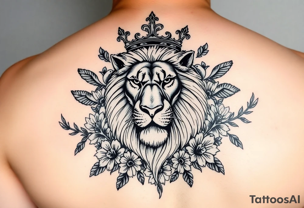 powerful majestic lion with a crown, surrounded by floral ornaments and birds tattoo idea
