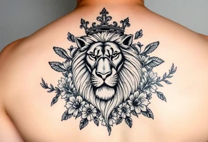 powerful majestic lion with a crown, surrounded by floral ornaments and birds tattoo idea