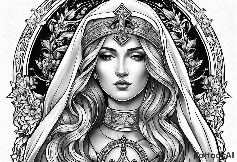 holy saint woman turned away with golden halo holding a chalice tattoo idea