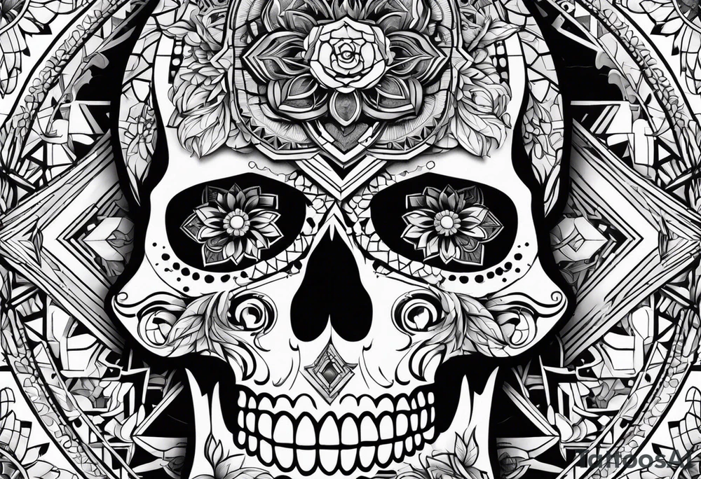 skull with geometric icons looks like a mandala tattoo idea