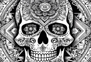 skull with geometric icons looks like a mandala tattoo idea