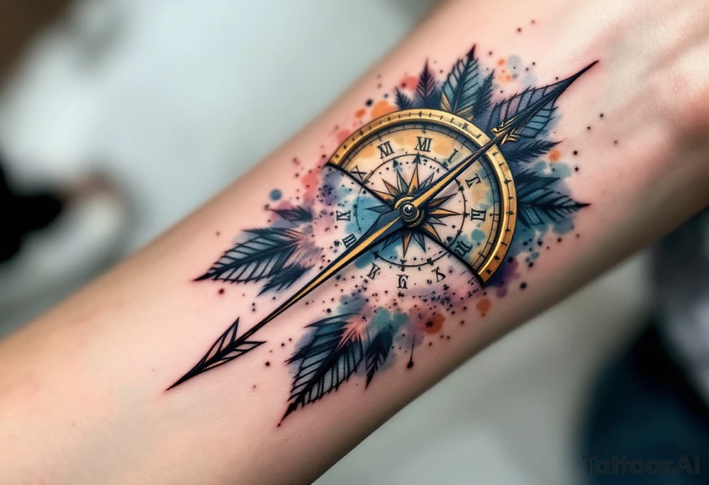 Rustic half compass half clock with and long native American arrow pointing at my wrist with the words “True North” tattoo idea