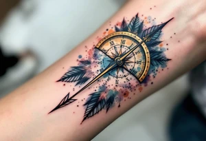 Rustic half compass half clock with and long native American arrow pointing at my wrist with the words “True North” tattoo idea