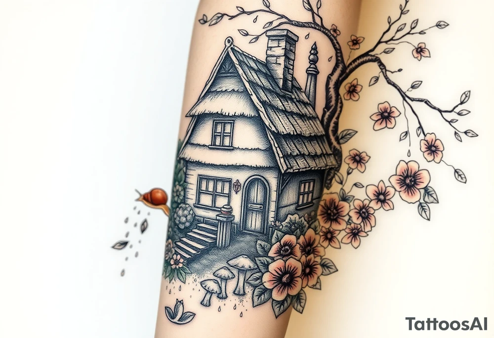 Fall themed cottage surrounded by mushrooms, a snail, add some falling leaves off the tree branches, falling rain, and fall themed flowers as background filler tattoo idea