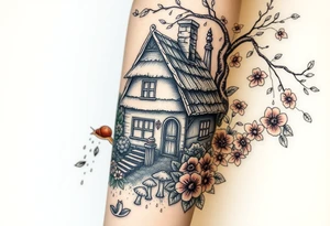 Fall themed cottage surrounded by mushrooms, a snail, add some falling leaves off the tree branches, falling rain, and fall themed flowers as background filler tattoo idea