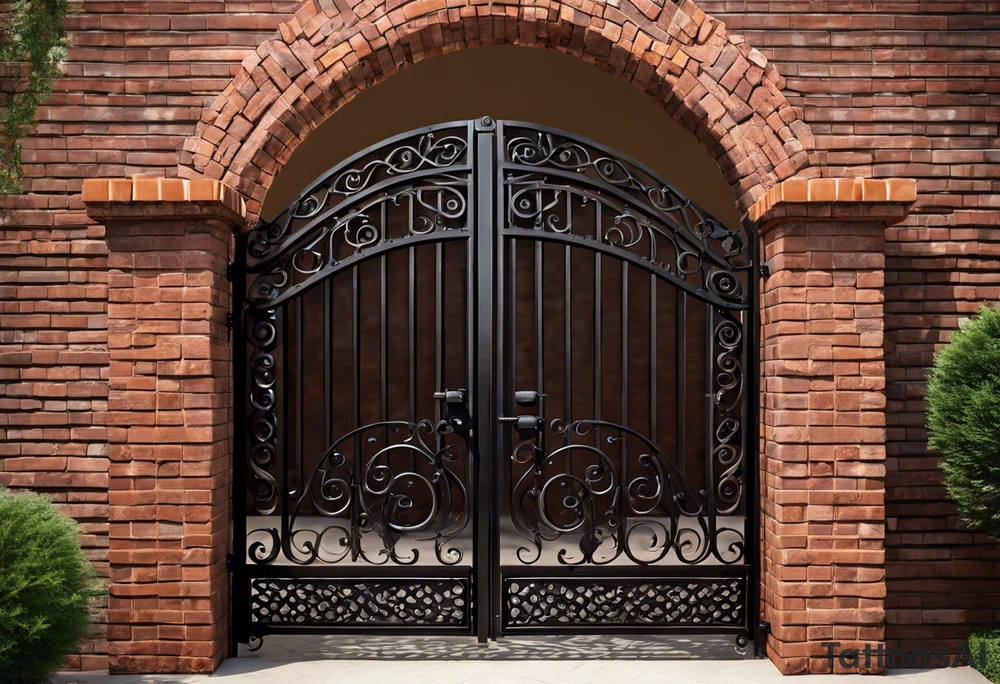 This image depicts an arched gate made of intricately designed wrought iron. The gate has swirling patterns, with the iron bars curving elegantly in various directions, forming loops and curves. The gate is set within a brick frame, with the bricks having a weathered, slightly irregular appearance. The bricks are painted in a gradient of colors, primarily shades of red and pink, transitioning into some hints of green and blue, especially around the edges.

Behind the gate, there’s a pathway made of bricks that leads into a lush garden. The garden is full of greenery, with trees and plants visible in the background. The image has a slightly surreal and artistic quality, possibly due to some paint or texture effects applied to it, giving it a dreamy and almost watercolor-like appearance. tattoo idea