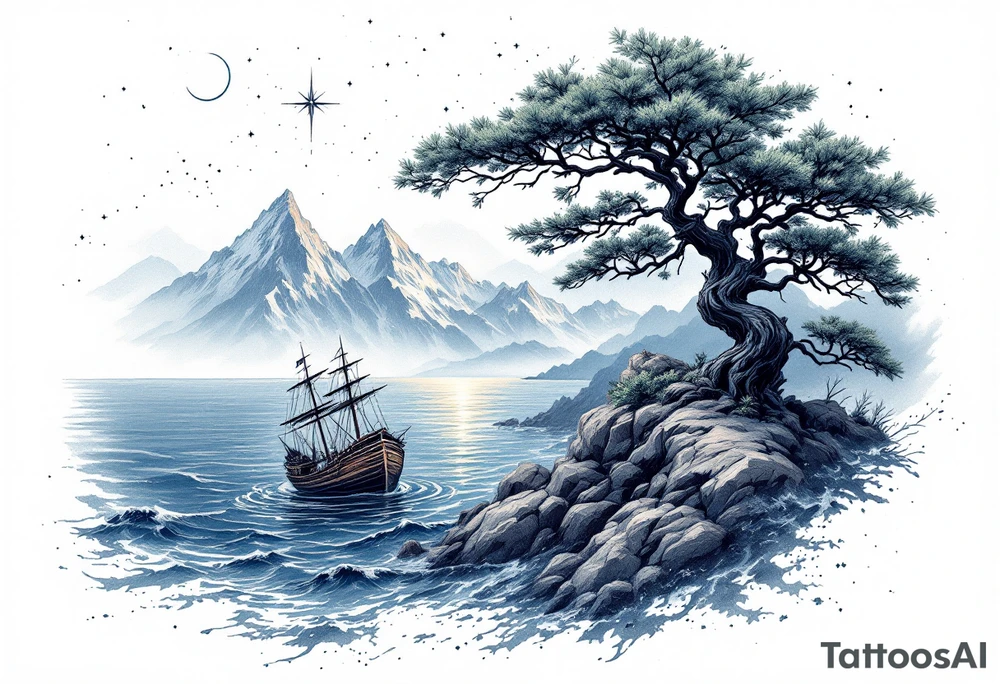 tattoo that has an acacia tree with mountains, ocean with a ship wreck and the northern star tattoo idea