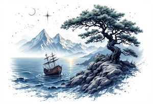 tattoo that has an acacia tree with mountains, ocean with a ship wreck and the northern star tattoo idea