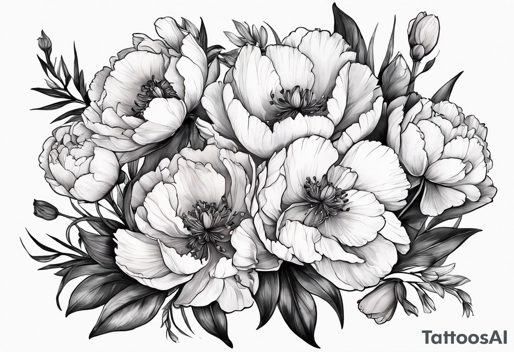 Mix of peonies, iris, poppy, cosmos, and gladiolus flowers tattoo idea